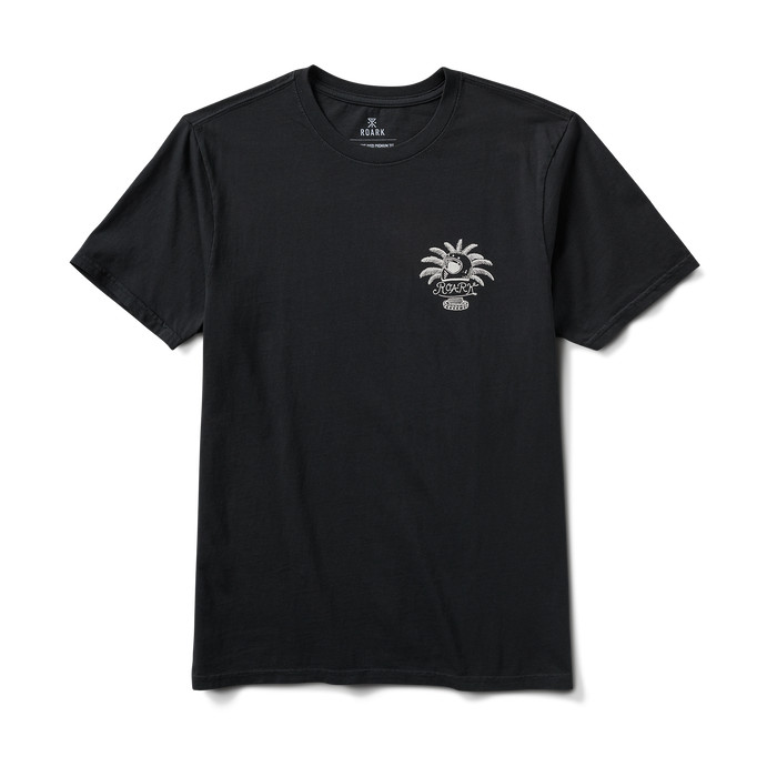 Roark black graphic t-shirt featuring a front palm tree and logo detail with a back design of a motorcycle under palm trees, perfect for travel and adventure enthusiasts.