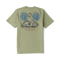 Dusty sage short-sleeve t-shirt with vintage motorcycle graphic, palm trees, and sun icon printed on back