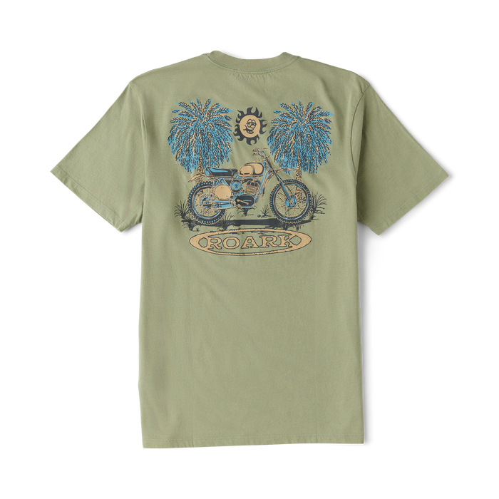 Dusty sage short-sleeve t-shirt with vintage motorcycle graphic, palm trees, and sun icon printed on back