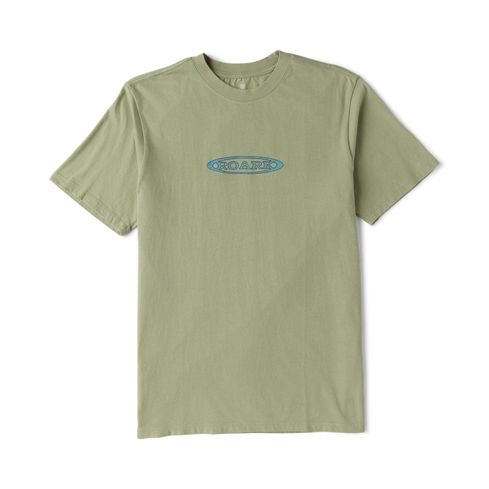 Dusty sage green short sleeve t-shirt with blue Roark oval logo print on chest, displayed flat lay against white background