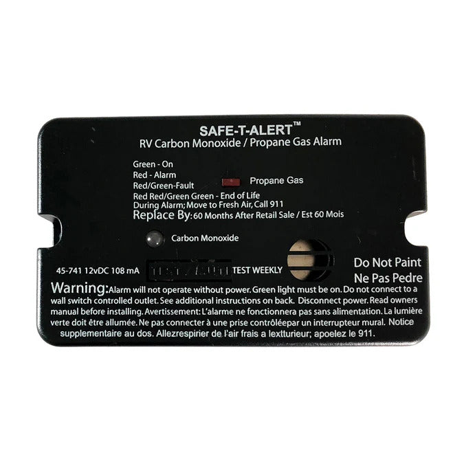 Black Safe-T-Alert 45-741 Dual LP/CO Alarm - Back Label View | United RV Parts