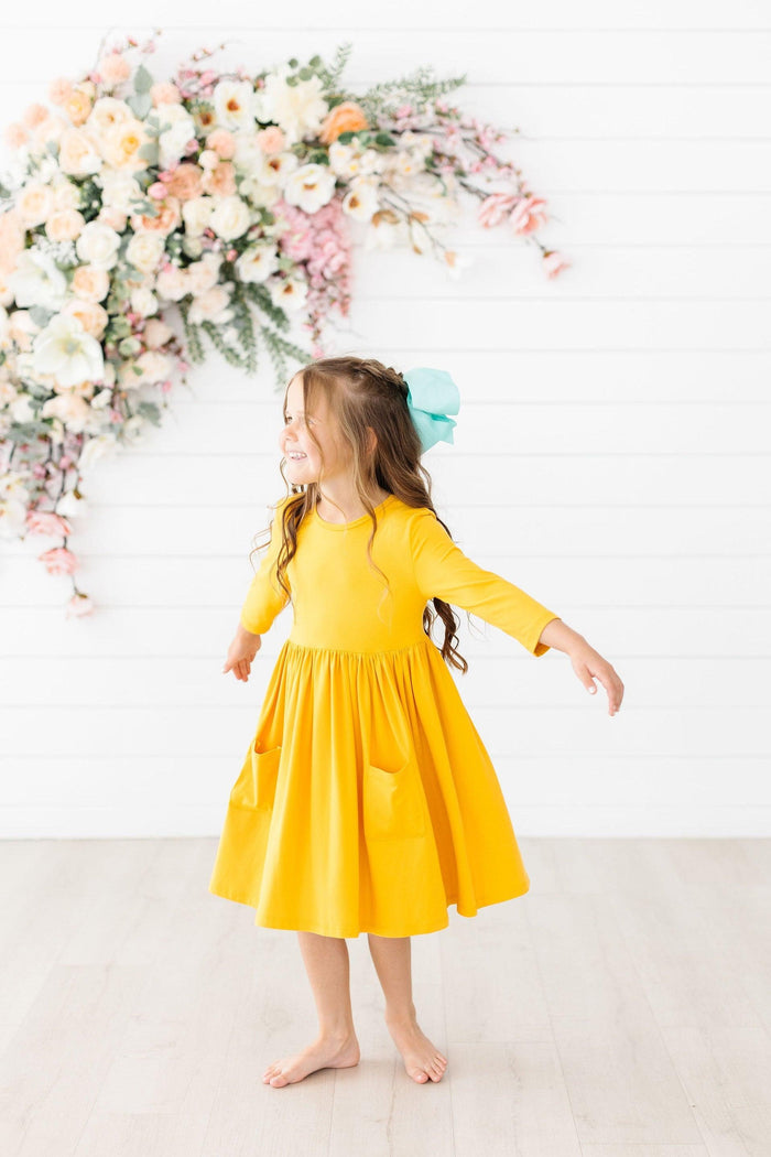 Mustard 3/4 Sleeve Pocket Twirl Dress-Mila & Rose ®