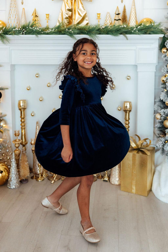 Navy Velvet Ruffle Twirl Dress-Mila & Rose ®