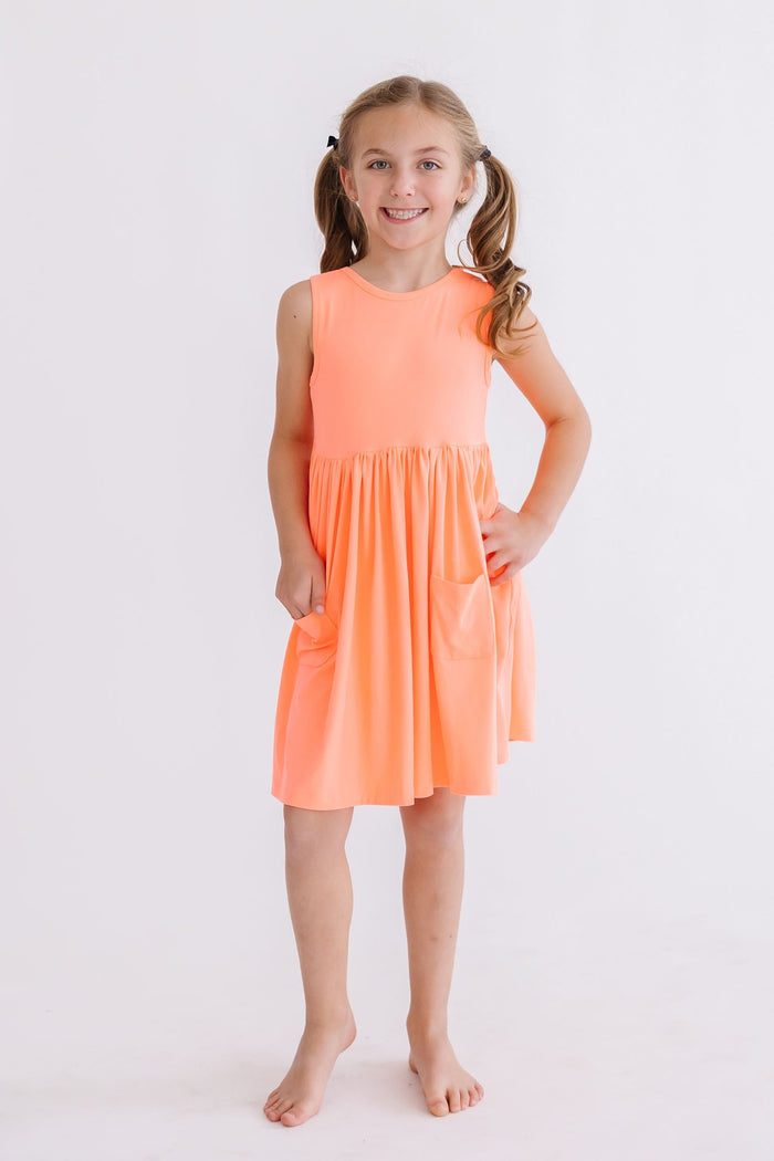 (S) Neon Coral Tank Pocket Twirl Dress-Mila & Rose ®