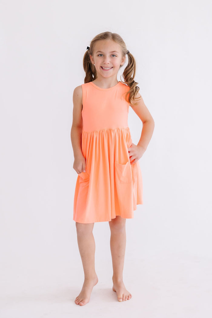 (S) Neon Coral Tank Pocket Twirl Dress-Mila & Rose ®