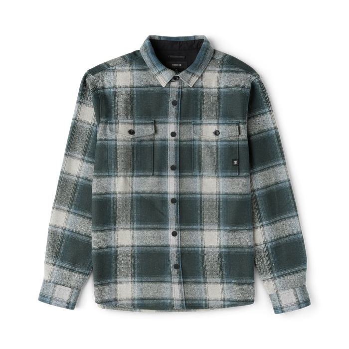 Nordsman 2.0 long sleeve flannel shirt in dark slate green and cream plaid pattern, displayed flat on white background