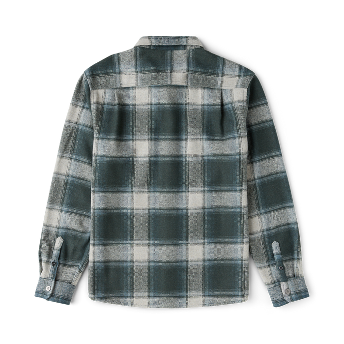 Nordsman 2.0 long sleeve flannel in dark slate and cream plaid pattern, displayed flat lay on white background