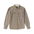 Tan wool flannel shirt with dual chest pockets, gold snap buttons, and cream fleece lining, displayed flat lay against white background