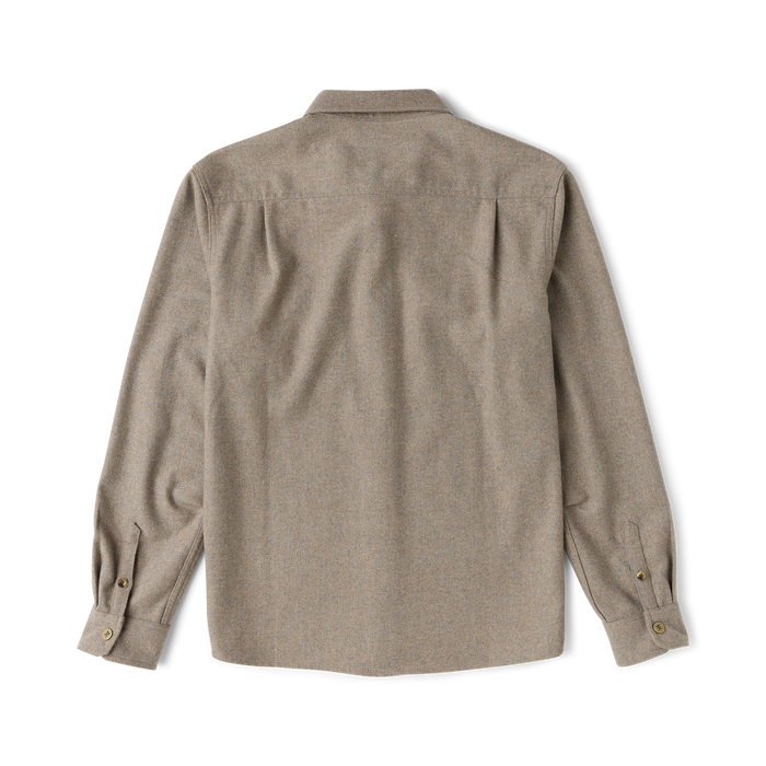 Nordsman 2.0 long sleeve flannel in dusty green with button cuffs, displayed flat lay from back view