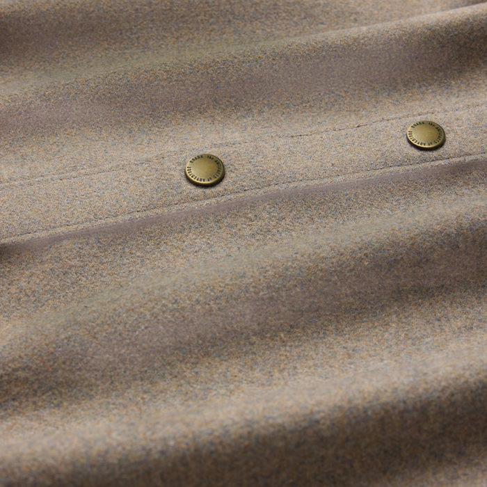 Nordsman 2.0 long sleeve flannel in dusty green with brass snap buttons, close-up detail shot