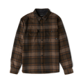 Brown and black plaid flannel shirt with button front, chest pockets, and long sleeves displayed flat on white background