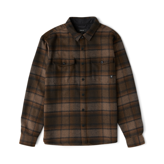 Brown and black plaid flannel shirt with button front, chest pockets, and long sleeves displayed flat on white background