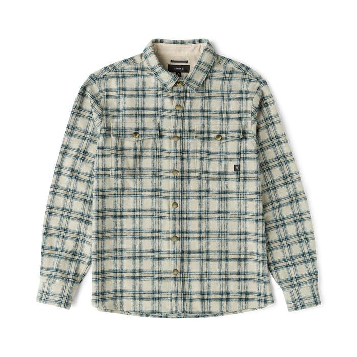 Nordsman 2.0 long sleeve flannel shirt in sand with blue plaid pattern, displayed flat lay on white background