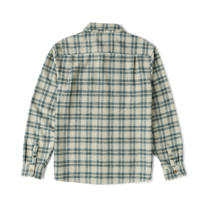 Nordsman 2.0 long sleeve flannel shirt in sand with blue plaid pattern, shown flat lay from back view