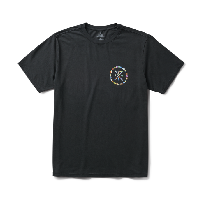 Active black Roark shirt featuring a prominent logo and symbolic design on the sleeve, ideal for adventure and travel.