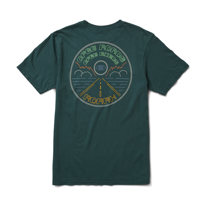 Roark Open Roads Premium Tee in Tundra, showcasing a close-up of the back graphic.