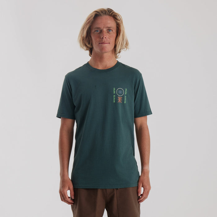 Roark Open Roads Premium Tee in Tundra, showcasing a front view of the tee with a model wearing it.