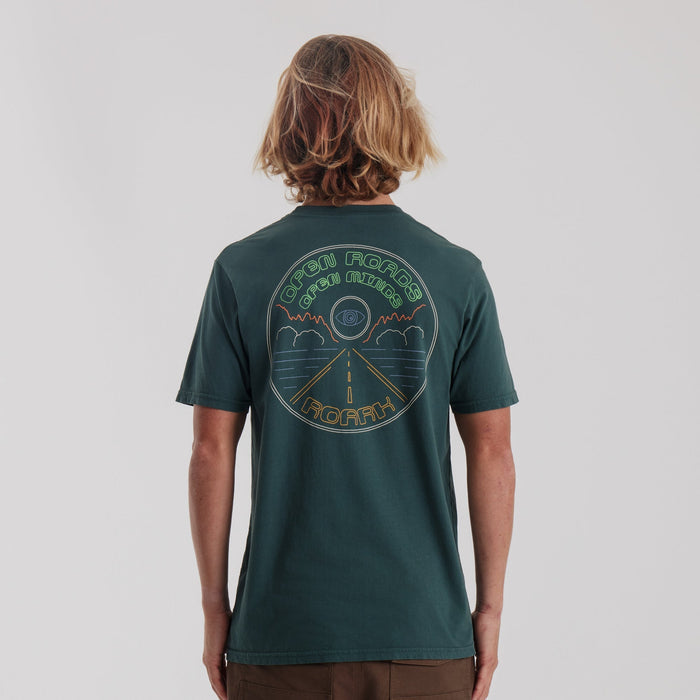 Roark Open Roads Premium Tee in Tundra, showcasing a front view of the tee with a model wearing it.