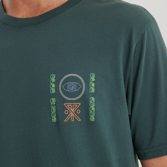 Roark Open Roads Premium Tee in Tundra, showcasing a front view of the tee with a model wearing it.
