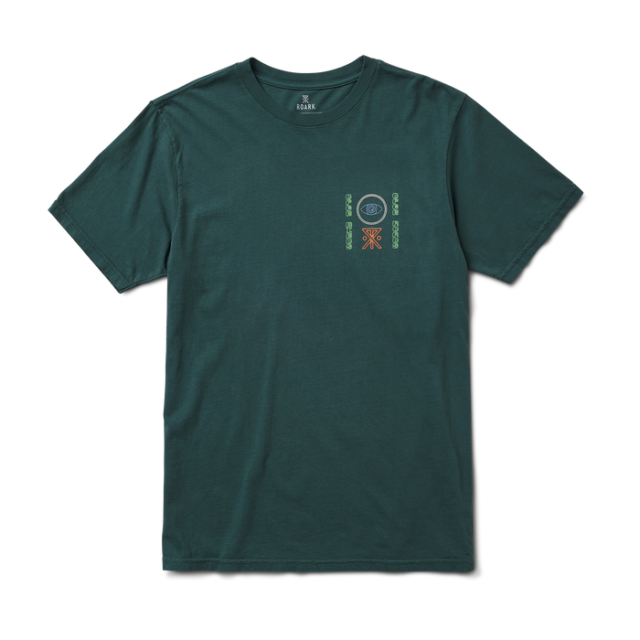 Roark Open Roads Premium Tee in Tundra, showcasing a close-up of the front graphic.