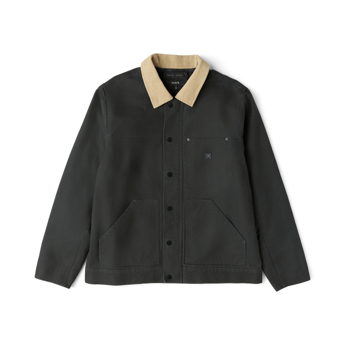 Black waxed canvas jacket with tan corduroy collar, button front, and patch pockets displayed on flat lay against white background