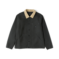 Black waxed canvas jacket with tan corduroy collar, button front, and patch pockets displayed on flat lay against white background