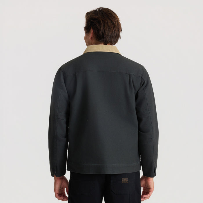 Open Roads Waxed Canvas Jacket in onyx black with beige corduroy collar, shown from back on model