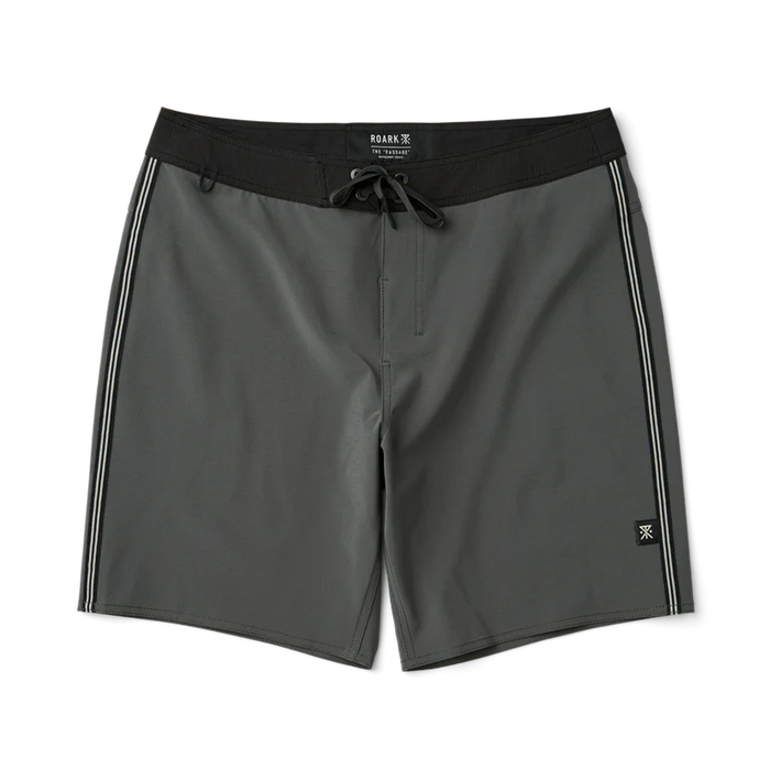 Charcoal Passage boardshorts with black waistband, white side stripes, and drawstring closure displayed flat on white background