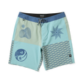 Surfer wearing Roark boardshorts while skillfully riding a wave with a surfboard, embodying the adventurous spirit of water sports.