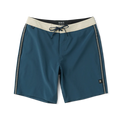 Teal blue boardshorts with cream waistband, drawstring, and white side stripes on flat lay display