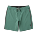 Slate green boardshorts with black side stripes and drawstring waistband, flat lay on white background