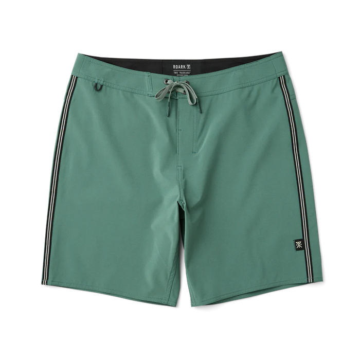 Slate green boardshorts with black side stripes and drawstring waistband, flat lay on white background