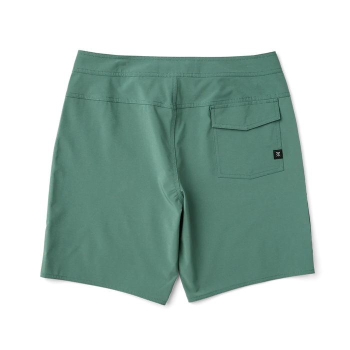 Slate green boardshorts with back pocket and small brand logo label, displayed flat on white background