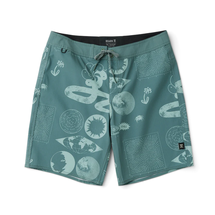 Slate green Roark Passage boardshorts with abstract geometric and celestial print, drawstring waist, flat lay view