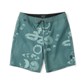 Slate green Roark Passage boardshorts with abstract geometric and celestial print, drawstring waist, flat lay view