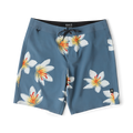 Slate blue Passage boardshorts with white and yellow floral print, drawstring waist, flat lay view