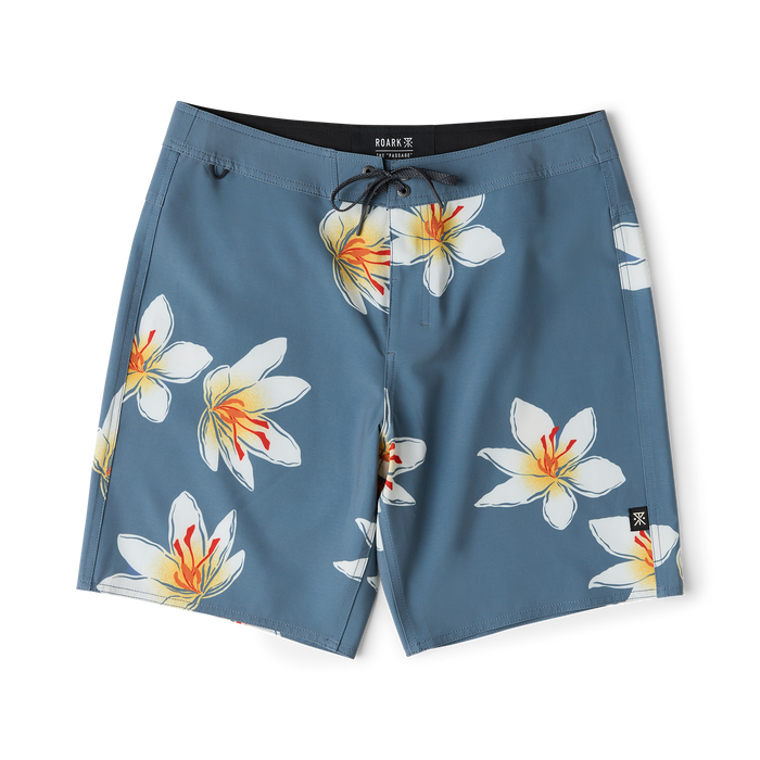 Slate blue Passage boardshorts with white and yellow floral print, drawstring waist, flat lay view