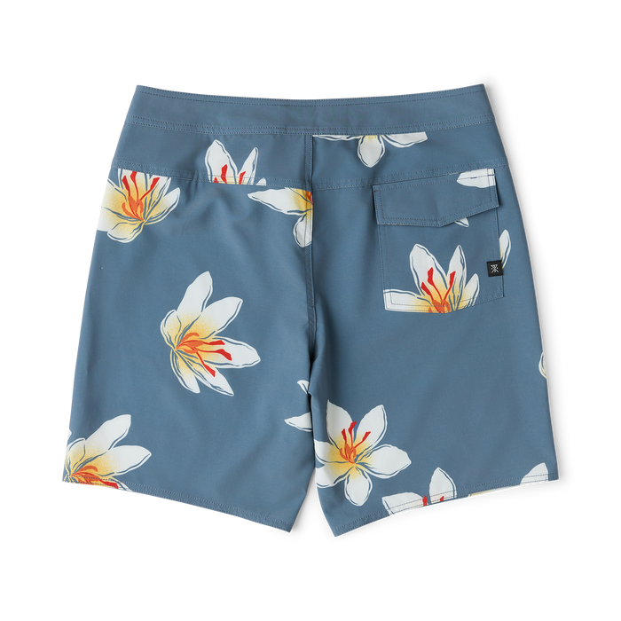 Slate blue Passage boardshorts with white and yellow floral print and cargo pockets, flat lay view