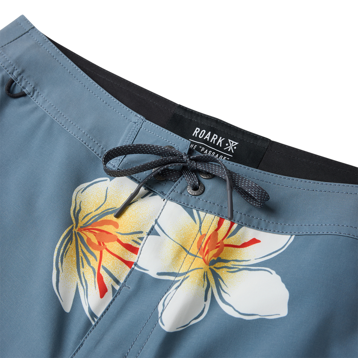 Slate blue Roark Passage Boardshorts with yellow and red floral print design and black drawstring detail shot
