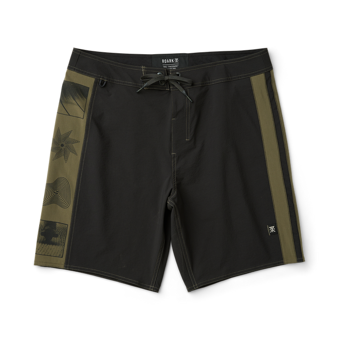 Black boardshorts designed for adventure, ideal for travel and outdoor activities, by Roark.