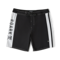 Roark Passage Panel Boardshorts in black with white side panels and drawstring closure, flat lay view