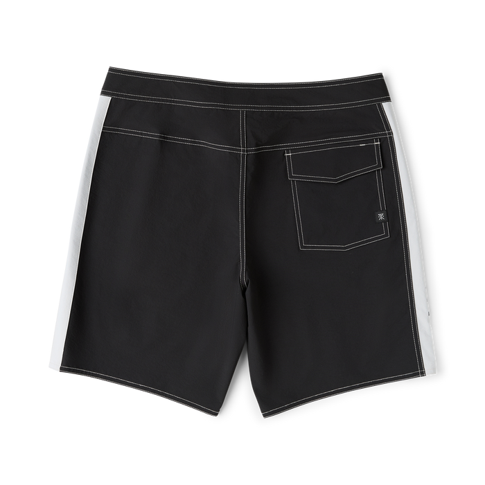 Black and white Passage Panel Boardshorts displayed flat lay with white contrast side panel and back pocket detail visible