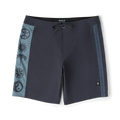 Roark Passage Panel Boardshorts in ebony with blue side panel featuring peace, sun, palm, and flower graphics, flat lay