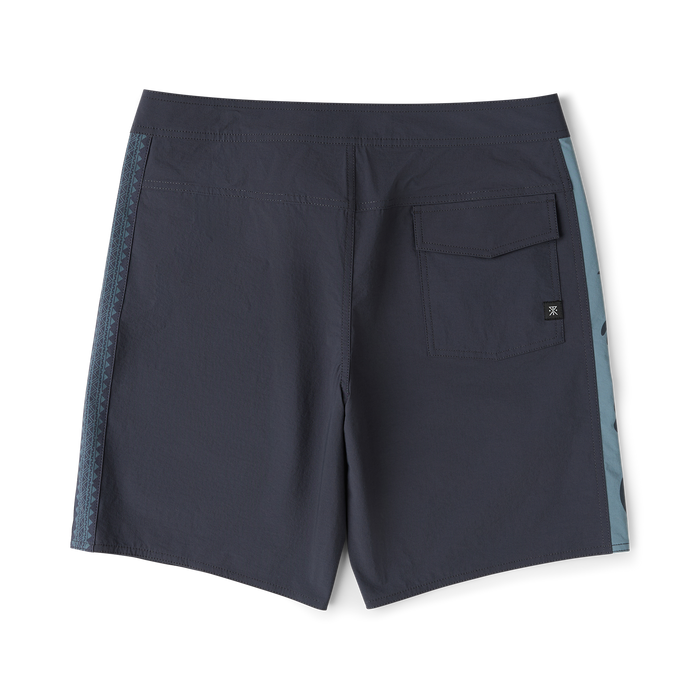 Roark Passage Panel Boardshorts in ebony with slate blue side panels and back pocket, flat lay view