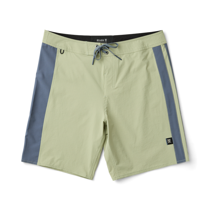Variety of Roark Bermuda, trunks, and boardshorts on display, ideal for adventure and travel