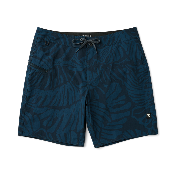 Men's navy blue boardshorts detailed with fish patterns, ideal for ocean adventures.