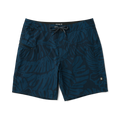Men's navy blue boardshorts detailed with fish patterns, ideal for ocean adventures.