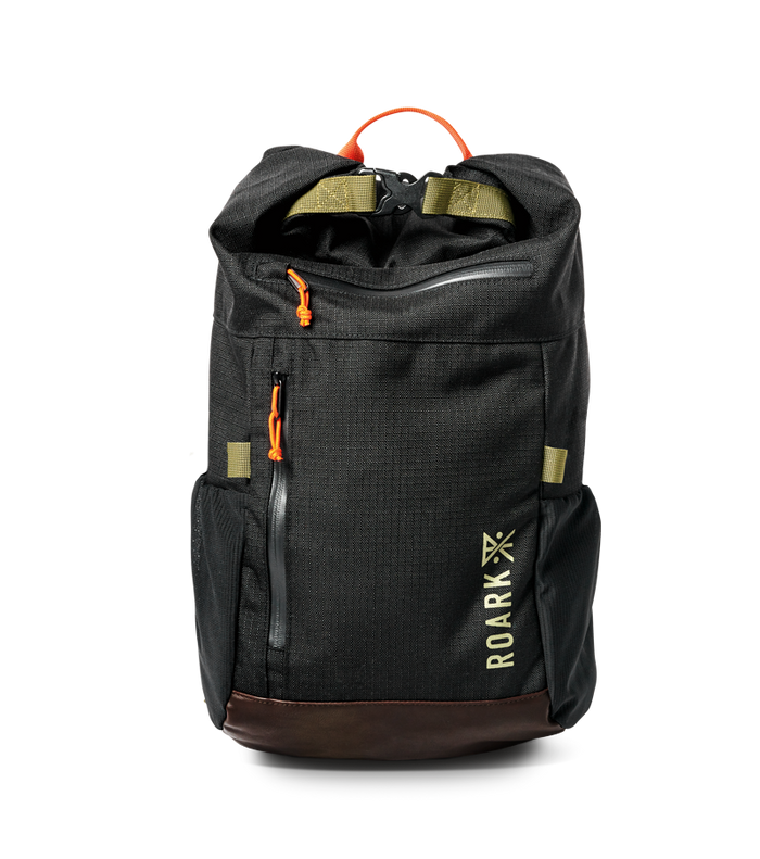 Roark Passenger 27L 2.0 Travel Bag in Black, showcasing a close-up of the bag's front panel.
