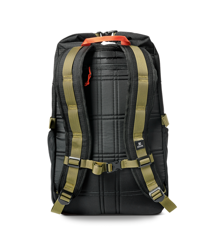 Roark Passenger 27L 2.0 Travel Bag in Black, showcasing a close-up of the bag's main compartment.