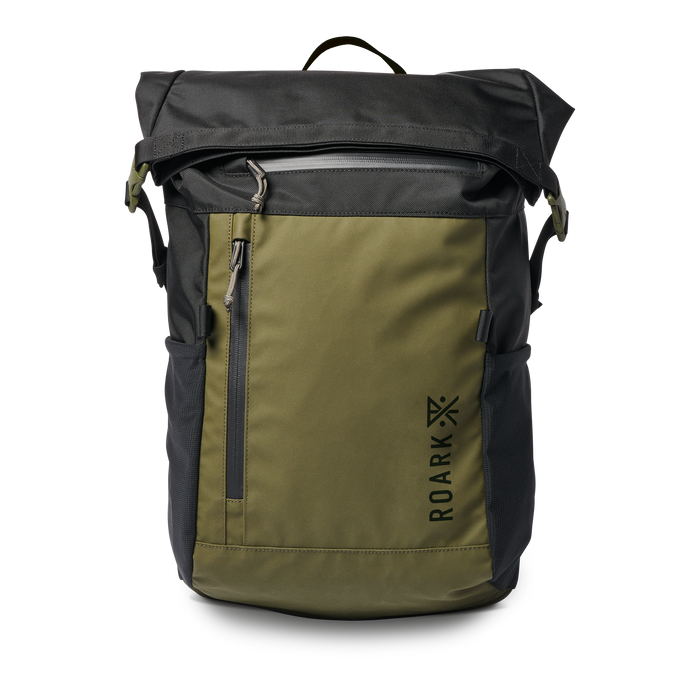 Roark Passenger 27L 2.0 Travel Bag in Black/Military, showcasing a close-up of the bag's front pocket.